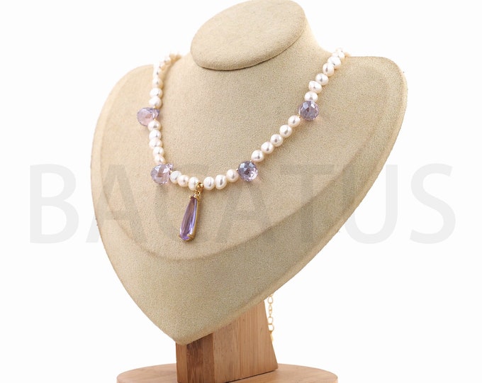 Micropavé CZ Waterdrop Necklace, Teardrop Pendant Necklace, 18K Gold Filled Pearl Necklace, Fashion Necklace, Gift for Her, Length: 44cm