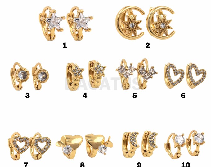 1 Pair,18K Gold Filled Heart-shaped Earrings, Micro-pavé CZ Star Earrings, Micro-pavé CZ Moon Earrings,