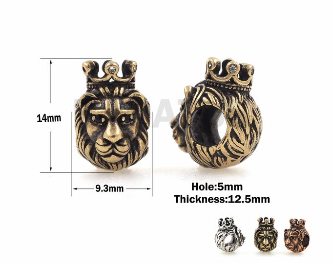 1PCS Antique crown lion bracelet beaded, CZ lion head spacer beads, animal charm, used for bracelet bead making supplies 14x9.3x12.5mm