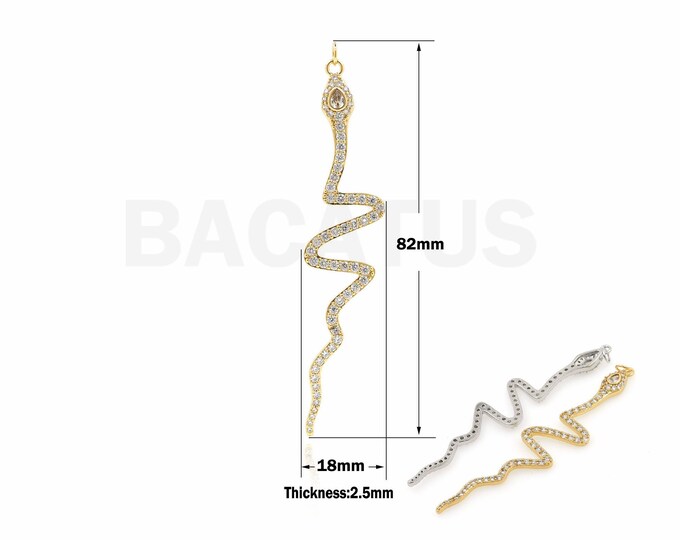 18K Gold Filled Snake Pendant, Reptile Necklace, Animal Charm, Micropavé CZ Snake Jewelry, DIY Jewelry Supplies, 82x18x2.5mm