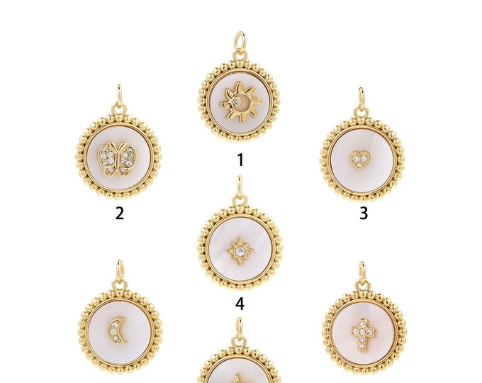 18K Gold Filled Round Pendant,Gold Round Charms,CZ Fritillary Round Charm Bracelet Necklace for DIY Jewelry Making Supply