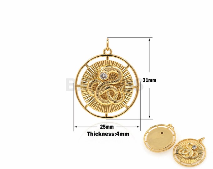 18K Gold Filled Pattern Gold Coin Snake Charm, Micropavé CZ charm, Snake Round Animal Charm, Gold Round Snake Necklace 31x25x4mm