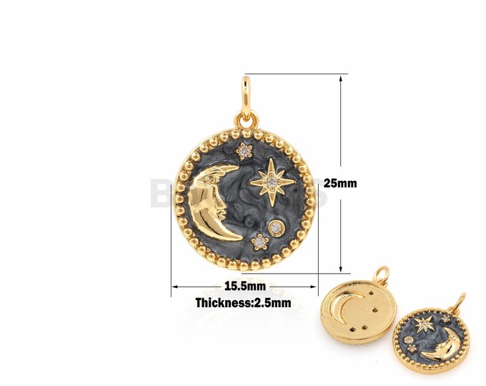 18K Gold Filled Star And Moon Pendant,Enamel Crescent Charm,Enamel Charm, Micropavé CZ Black Enamel Necklace,Crescent Necklace 27x15.5x2.5mm