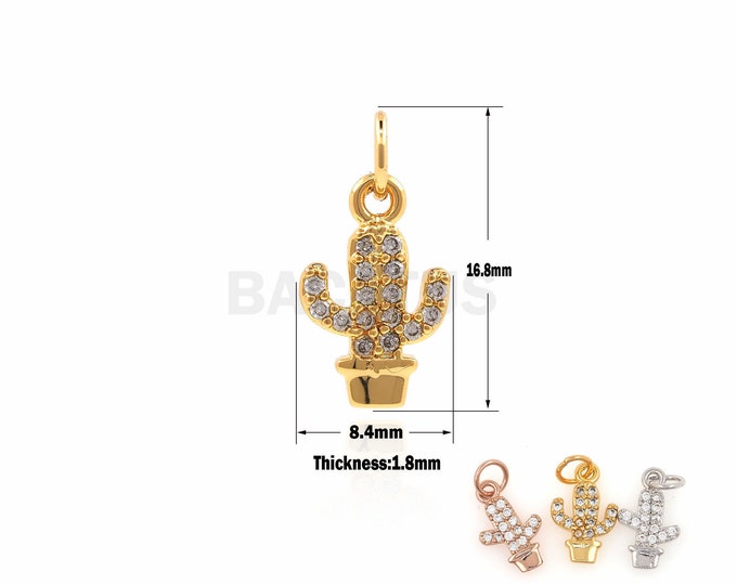 1PCS Brass Gold-Plated Cactus For Bracelet，CZ Micro Pave Plant Charm For Pendants 16.8x8.4x1.8mm