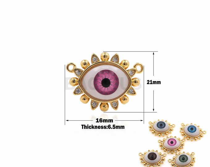 18K Gold Filled Gold Demon Eye Connector, Enamel Eye Connector Necklace, Micropavé CZ Eye Connector Charm 12x23.5x6.5 mm