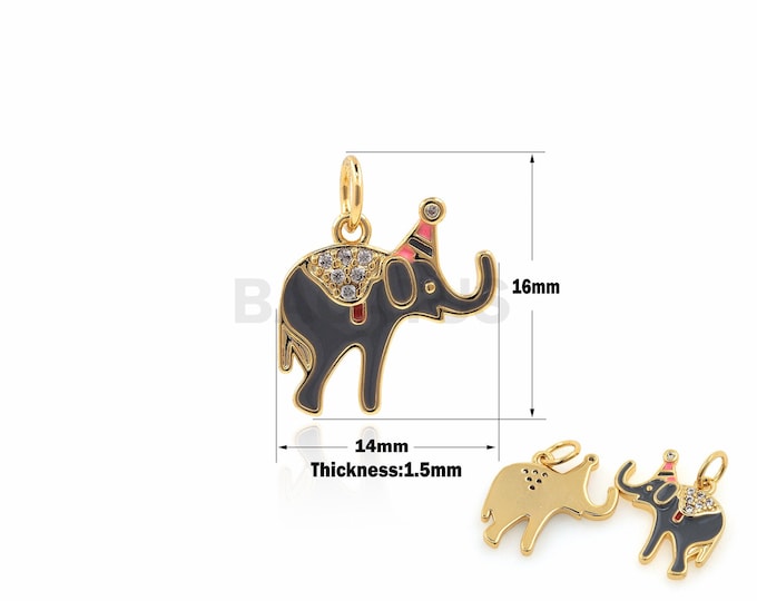 Enamel Elephant Pendant, Animal Charm, 18K Gold Filled Wild Animal Necklace, Micropavé CZ Elephant Necklace, Elephant Charm 16x14x1.5mm