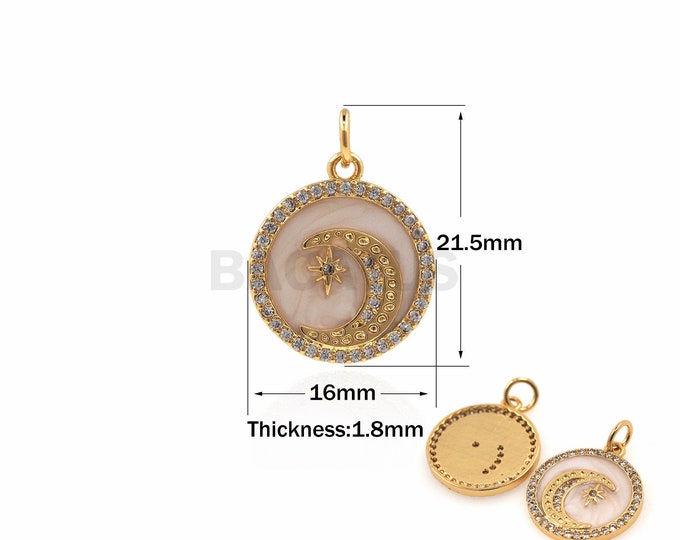18K Gold Filled Enamel Moon Pendant, Crescent Moon Charm, Micropavé Zircon Star and Moon Pendant, Polaris Necklace, 21.5x16x1.8mm