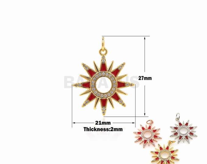 18K Gold Filled Sun Pendant, Micropavé Cubic Zirconia Sun Necklace, Enamel Pendant,Star Necklace, Gift For Nature Lovers 27x21x2mm