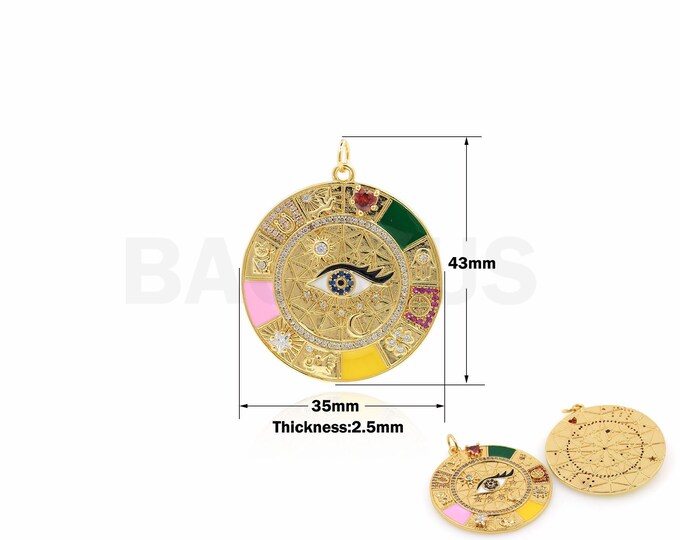 Eye Pendant, Micropavé CZ Enamel Charm, Round Necklace, 18K Gold Filled Eye Charm, Good Luck Pendant, DIY Jewelry Supplies, 43x35x2.5mm