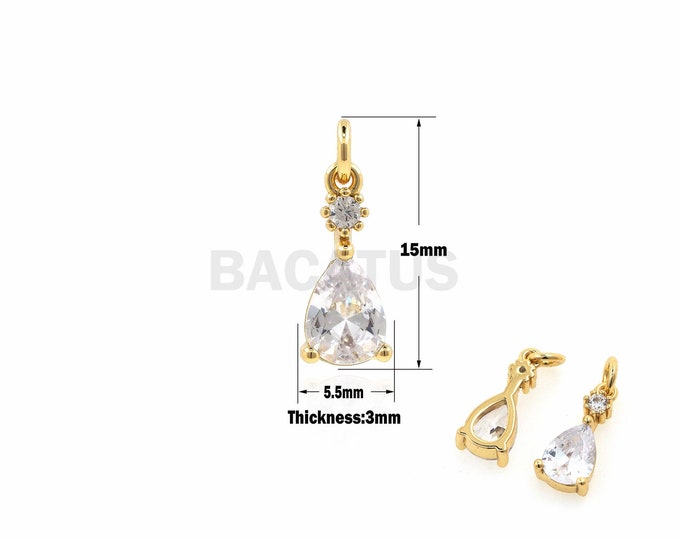 18K Gold Filled Pendant, Micropavé CZ Gold Pendant, Earring Making Pendant, Water Drop Zirconia Pendant, Round Pendant 15x5.5x3mm