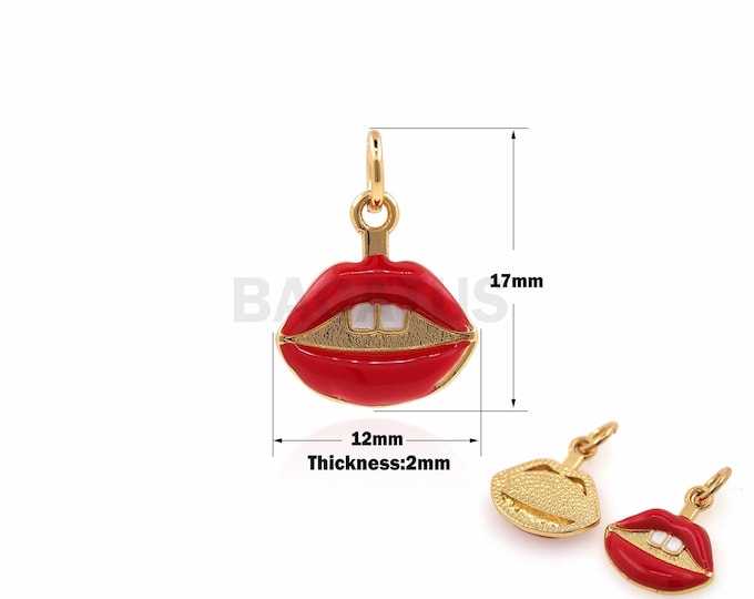 Enamel Lip Pendant, Red Lip Necklace, 18K Gold Filled Enamel Red Lip Pendant, Red Lip Charm, Lip Charm, Enamel Charm 17x12x2mm