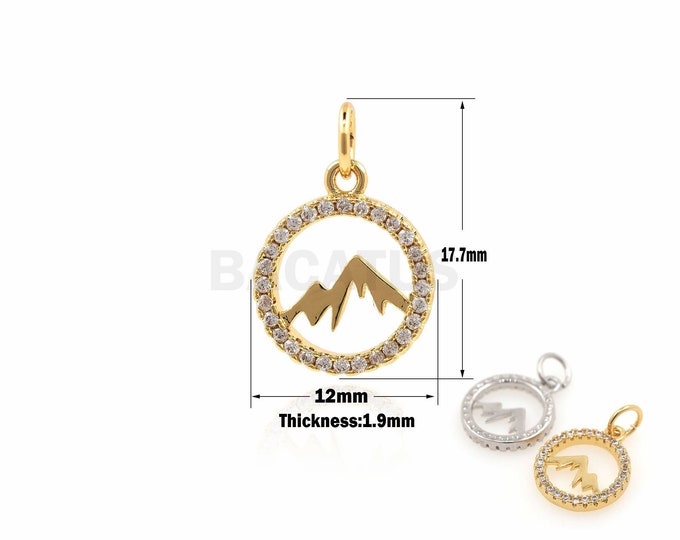 1PCS Micro-Pave Mountain Pendant, CZ Round Hollow Mountain Necklace, Traveler Charm, Mountain Charm 17.7x12x1.9mm