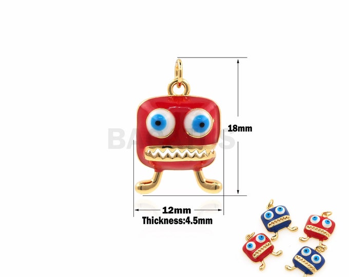 18K Gold Filled Enamel Little Monster Pendant, Enamel Monster Pendant, Cartoon Robot Necklace, Enamel Monster Charm18x12x4.5mm