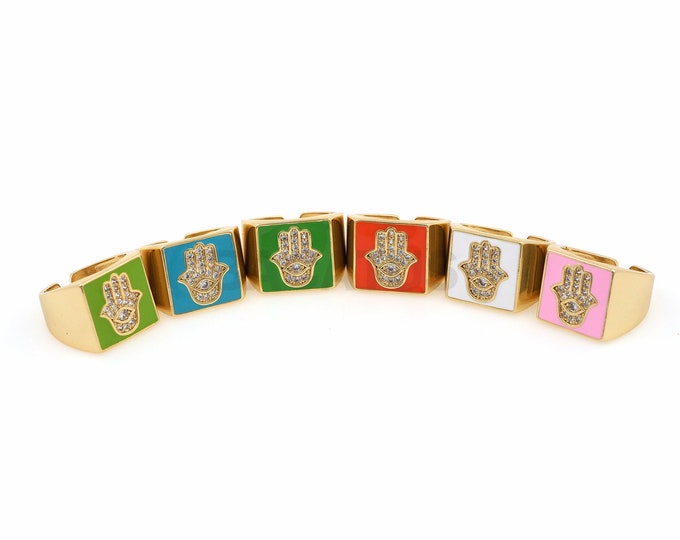 18K Gold Filled Enamel Palm Ring, Colorful Enamel Eyes, Fashion Ring, Everyday Ring, CZ Ring, Open Ring, Adjustable Ring