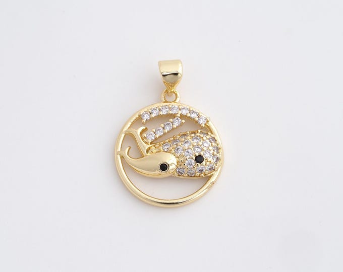 18K Gold Filled Whale Charm, Micropavé CZ Marine Life Pendant,Round Necklace Charm, DIY Jewelry Supplies, 25.4x18x4mm