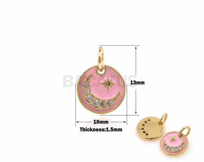 1PCS DIY Jewelry Making Pink Oil Drop Round Pendant Star Moon Necklace Enamel Charm CZ Paving 18K Gold Plated Disc Charm 13x10x1.5mm
