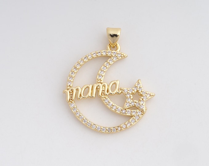 18K Gold Filled Crescent Pendant Moon Star Pendant,Letter MAMA Pendant DIY Jewelry Making Supplies,32x26.5x2.4mm