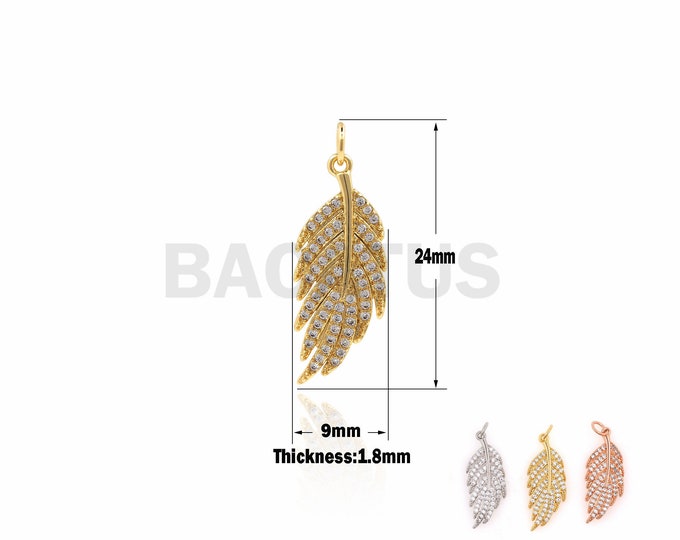1PCS  CZ Angel Wings Necklace, Feather Leaf Pendant, Gold Leaf Pendant, Natural Tree Ornaments, Suitable For Jewelry Making 24×9×1.8mm