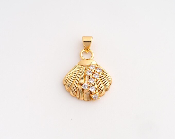 18K Gold Filled Shell Charm,Dainty Oyster Pendant,CZ Shell Pendant ,DIY Jewelry Supplies,24.3x17.5x4mm