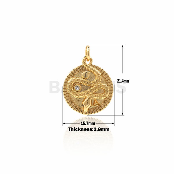 Gold Snake Medallion，Round Coin Embossment Charm，Gold plated snake Pave Pendant jewelry 21.4×15.7×2.8mm 1PCS