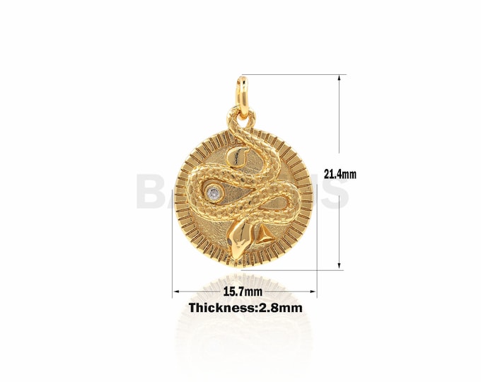 Gold Snake Medallion，Round Coin Embossment Charm，Gold plated snake Pave Pendant jewelry 21.4×15.7×2.8mm 1PCS