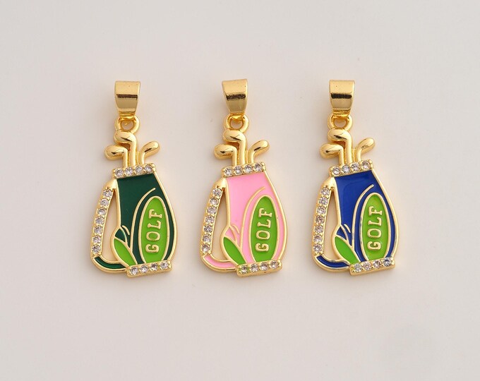 18K Gold Filled Golf Club Bag Charm,Dainty CZ Golf Bag Pendant,Enamel Bag Pendant ,DIY Jewelry Supplies,32.6x14x2.3mm