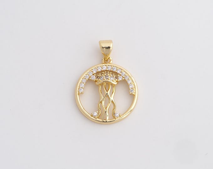 18K Gold Filled Jellyfish Charm, Micropavé CZ Marine Life Pendant,Jellyfish Necklace Charm, DIY Jewelry Supplies, 25x18x3.4mm