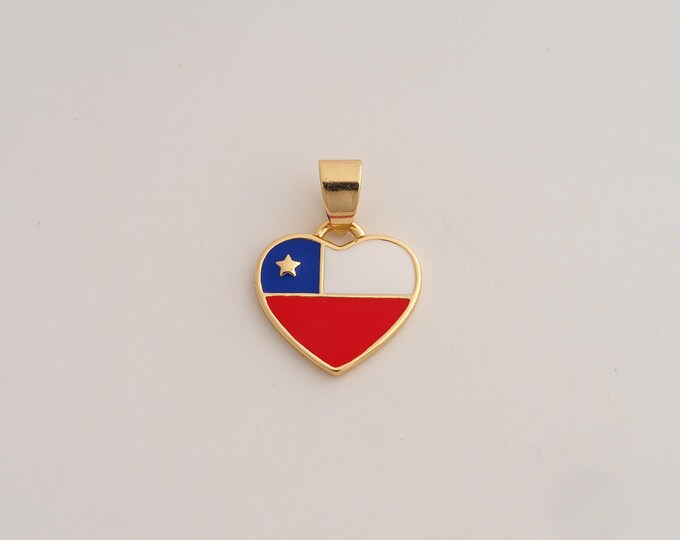 18K Gold Filled Chile Flag Charm,Dainty Enamel Chile Pendant,Heart Flag Pendant ,DIY Jewelry Supplies,27.7x24.5x2mm
