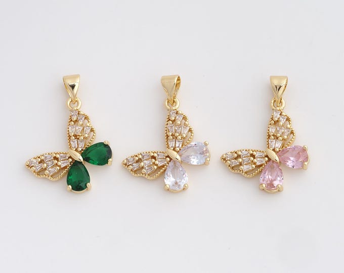 18K Gold Filled Butterfly Charm, Insect Pendant,CZ Butterfly Necklace Charm, DIY Jewelry Supplies, 26.5x19x4mm