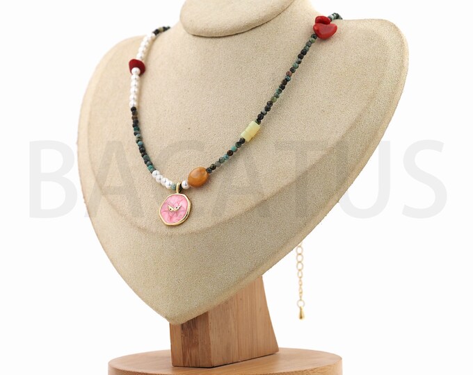 Micropavé CZ Enamel Pendant Necklace, 18K Gold Filled Round Pendant Necklace, Pearl Necklace, Gemstone Necklace, Fashion Necklace, 45cm