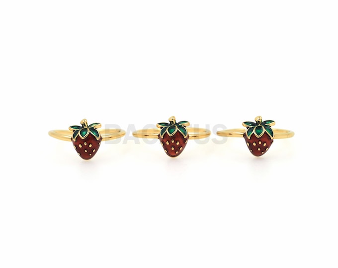 18K Gold Filled Enamel Strawberry Ring, Gold Open Ring, Adjustable Ring, Fruit Ring, Thin Ring, Fruit Charm