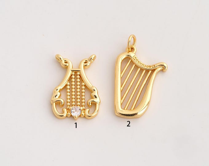 18K Gold Filled Harp Charm,Dainty Musical Instrument Pendant,CZ Harp Pendant ,DIY Jewelry Supplies,25.7x15x2.5mm