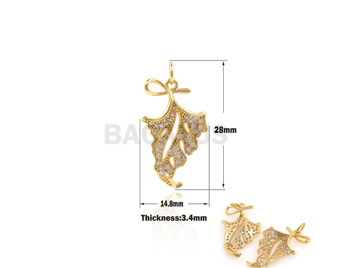 Leaf Pendant, Micropavé CZ Botanical Necklace, Leaf Charm, 18K Gold Filled Autumn Leaf Pendant, DIY Jewelry Supplies,28x14.8x3.4mm