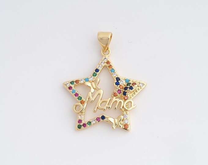 18K Gold Filled MAMA Charm, Micropavé CZ Star Pendant,Letter Necklace Charm, DIY Jewelry Supplies, 31x24.8x3.2mm