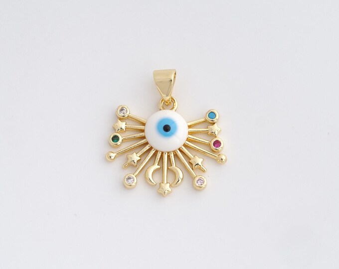 18K Gold Filled Evil Eye Charm, Enamel Moon Star Pendant,CZ Evil Eye Necklace Charm, DIY Jewelry Supplies, 23x20.6x4mm