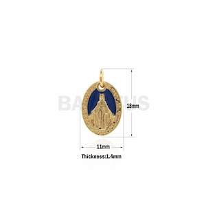 May include: Gold-toned oval pendant with a blue enamel image of the Virgin Mary. The pendant measures 1.4 mm thick, 11 mm wide, and 18 mm long.