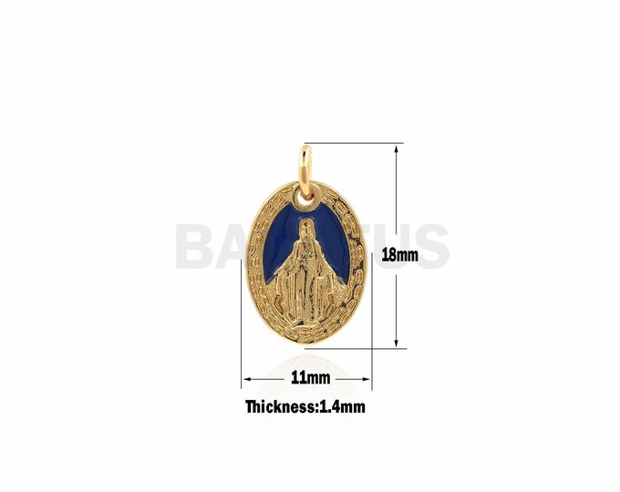 Mother Mary Religious medal Charms ,Catholic medal Oval Pendant on Blue Coin,Gold Circle Mary  Pendant 18x11x1.4 mm 1PCS
