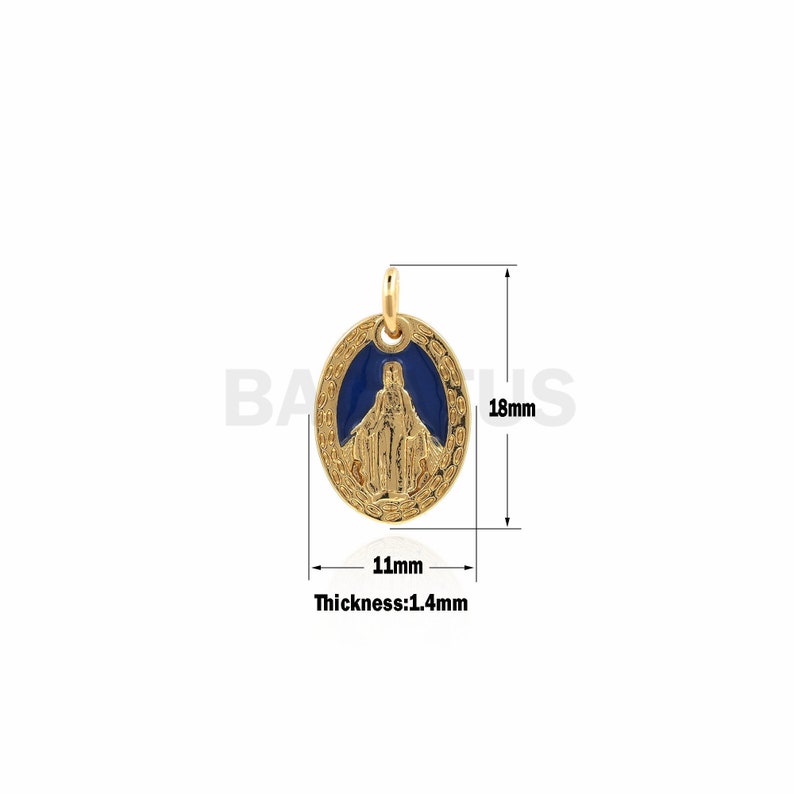 May include: Gold-toned oval pendant with a blue enamel image of the Virgin Mary. The pendant measures 1.4 mm thick, 11 mm wide, and 18 mm long.