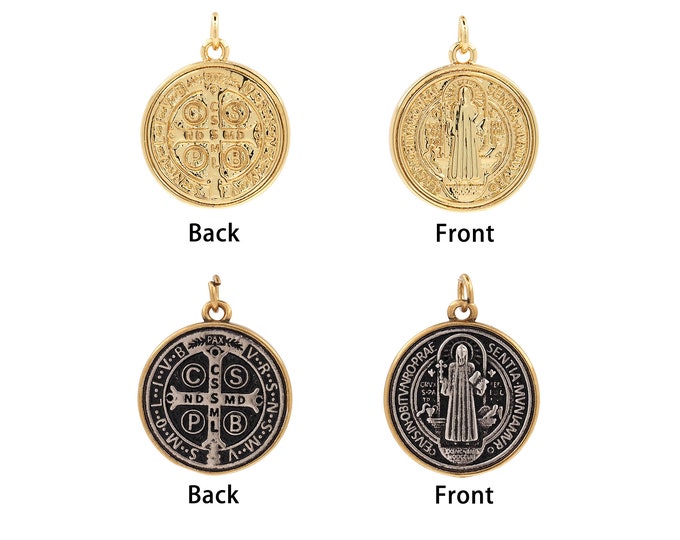 18K Gold Filled Saint Benedict Pendant,Gold Saint Benedict Charms,Round Religion Charm Bracelet Necklace for DIY Jewelry Making Supply