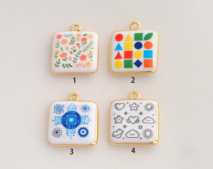 18K Gold Filled Square Charm,Dainty Enamel Flower Pendant,Square Pendant ,DIY Jewelry Supplies,20.3x17.4x4.5mm