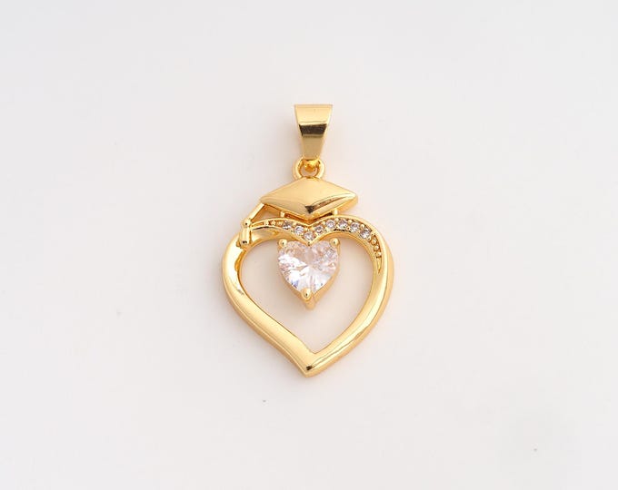18K Gold Filled Doctoral Cap Charm,Dainty Heart Pendant,CZ Doctoral Cap Pendant ,DIY Jewelry Supplies,29x17.8x3.7mm