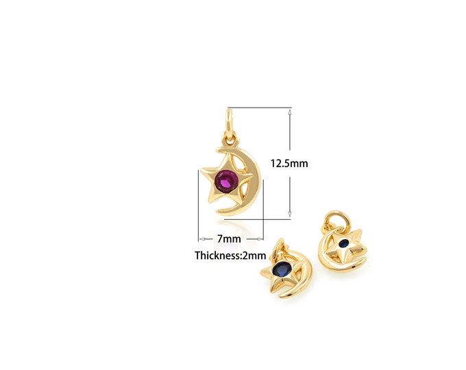 1PCS 18k Gold-Plated Zircon Moon And Star Necklace Crescent Moon And Star Necklace Exquisite Celestial Pendant CZ Charm 7x12.5x2mm