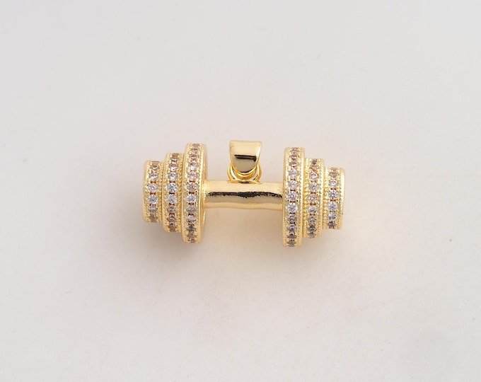 18K Gold Filled Dumbbell Charm,Dainty Barbell Pendant,CZ Sports Pendant ,DIY Jewelry Supplies,16.7x25x12.6mm