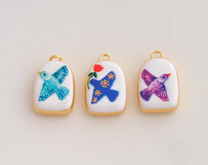 18K Gold Filled Bird Pendant,Enamel Flying Charms,Animal Charm DIY Jewelry Making Supply,21x13.5x5.6mm
