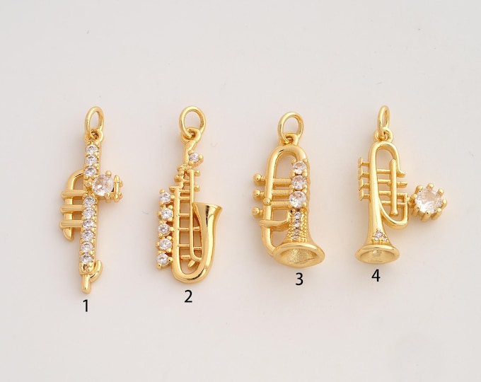 18K Gold Filled Trumpet Charm,Dainty Musical Instrument Pendant,CZ Trumpet Pendant ,DIY Jewelry Supplies,29x9x3.5mm