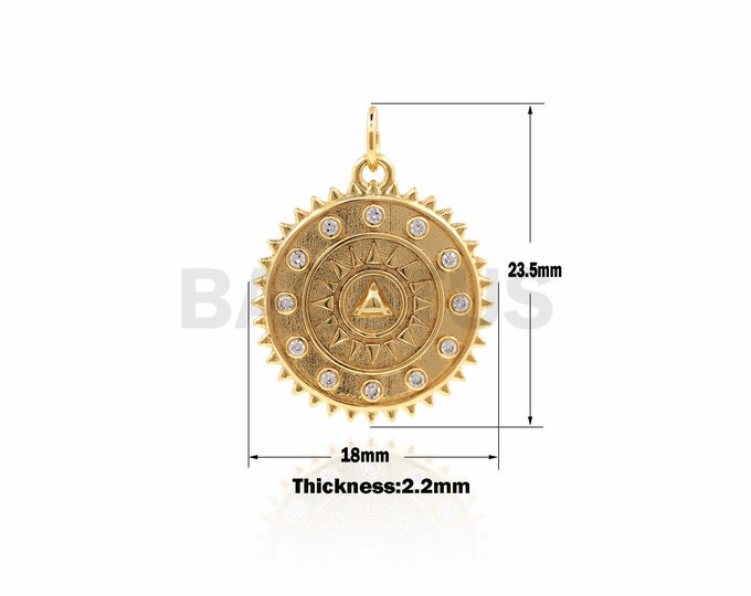 1PCS  Pyramid medal pendant, 18K gold-plated medal pendant, Gold Plated Sun Coin Necklace 23.5×18×2.2mm