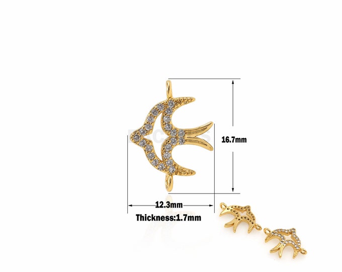 1PCS CZ Swallow Connector Bird Charm Swallow Jewelry 18K Gold Filled DIY Jewelry Making Swallow Charm Necklace Connector 16.7x12.3.2x1.7mm