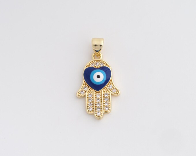 18K Gold Filled Hamsa Charm, Micropavé CZ Heart Evil Eye Pendant,Enamel Fatima Necklace Charm, DIY Jewelry Supplies, 27.2x13.8x4mm