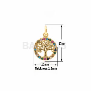 Micro Pave CZ Colorful Tree Pendant,Tree in circle charm,Golden tree of life beads 12x17x1.5mm 1PCS