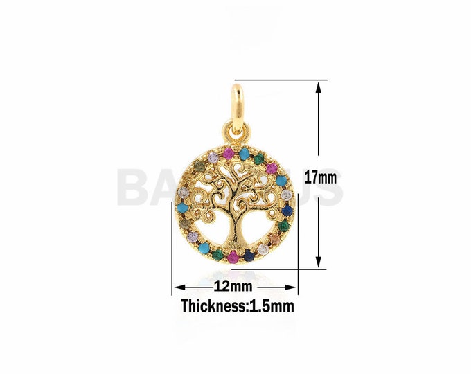 Micro Pave CZ Colorful Tree Pendant,Tree in circle charm,Golden tree of life beads 12x17x1.5mm 1PCS